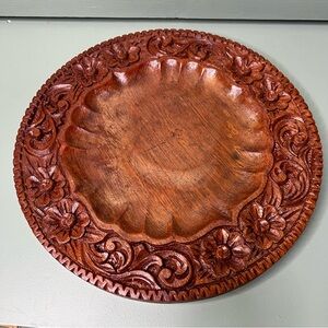 Vintage Mid Century Floral Relief Carved Wooden Serving Tray